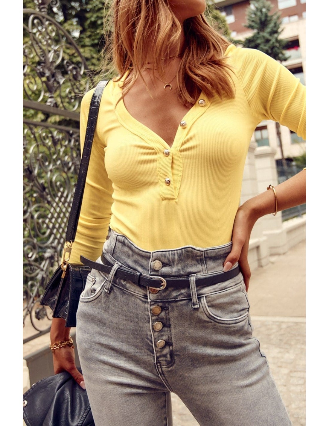 Ribbed bodysuit with a button-down neckline, yellow FG598 - Online store - Boutique